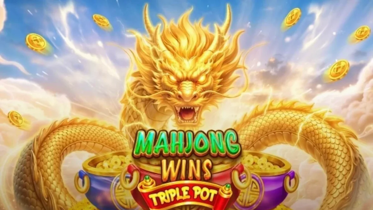 Tampilan visual slot Mahjong Wins Triple Pot dengan simbol ubin Mahjong dan naga emas