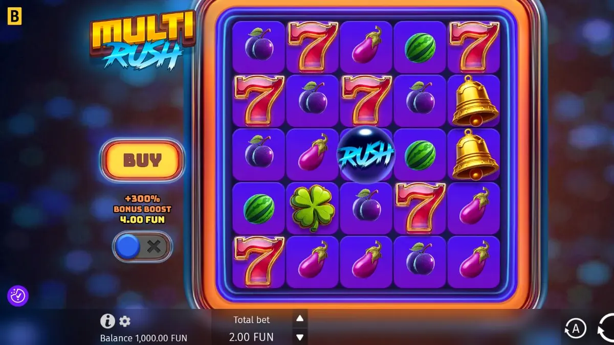 Tampilan visual slot Multi Rush dengan tema neon dan simbol buah klasik
